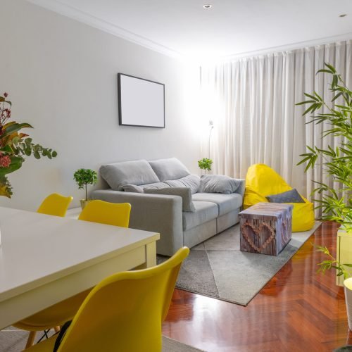 Living room interior with an empty frame for mockups